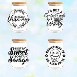 Sarcastic funny Set of 4 custom Glass Cups with Lids and Straws - 16oz